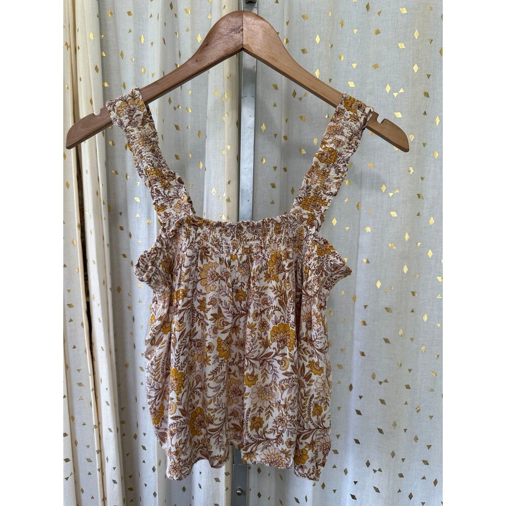 Aqua Quinn Smocked Crinkle Paisley Floral Square Neckline Peasant Tank Top S